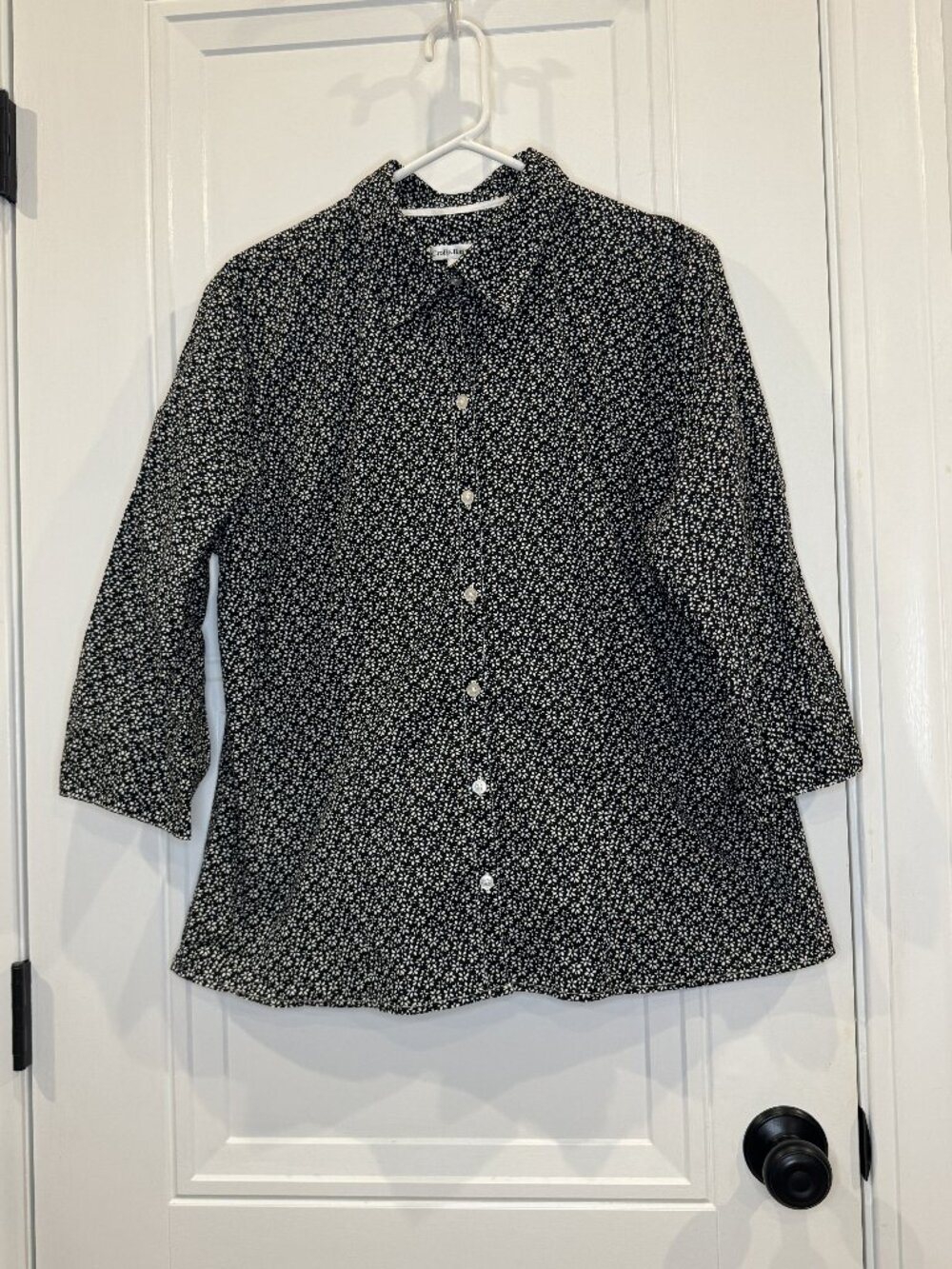 Croft & Barrow Black White Floral Button Up 3/4 Sleeve Stretch Top XL EUC